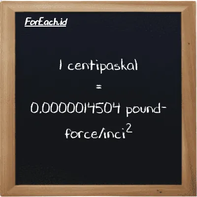 1 centipaskal setara dengan 0.0000014504 pound-force/inci<sup>2</sup> (1 cPa setara dengan 0.0000014504 lbf/in<sup>2</sup>)